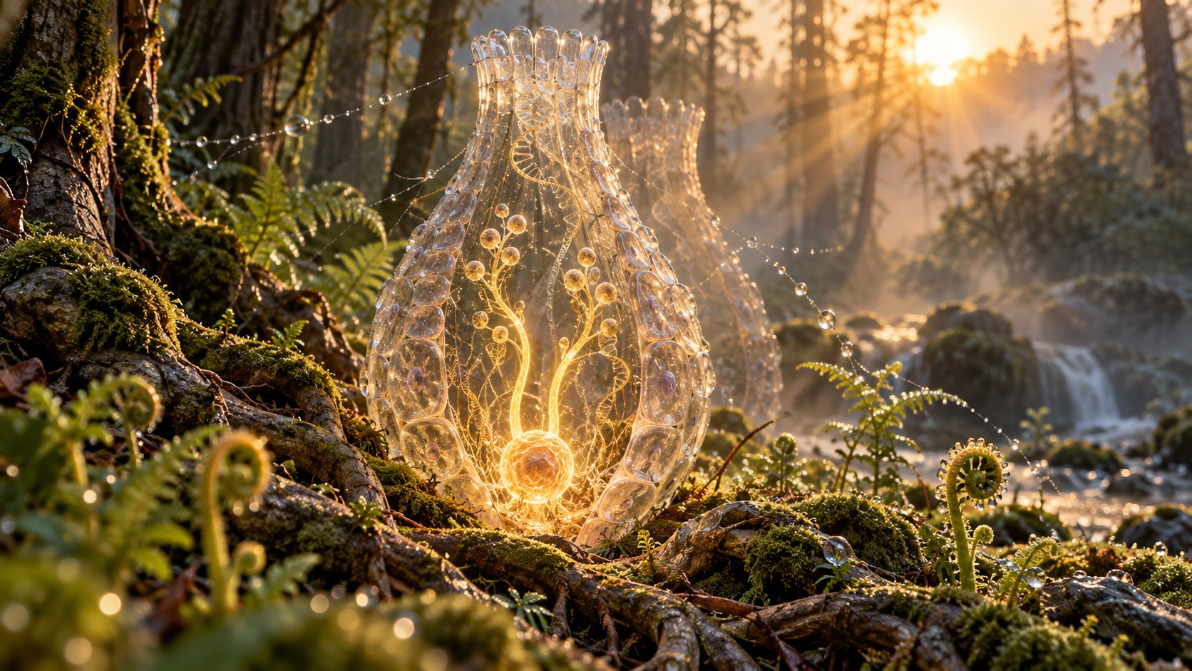 A translucent, crypt-shaped glass structure filled with glowing amber cells and DNA strands, standing among moss and ferns in a sunlit forest, with a fainter copy of the structure behind it