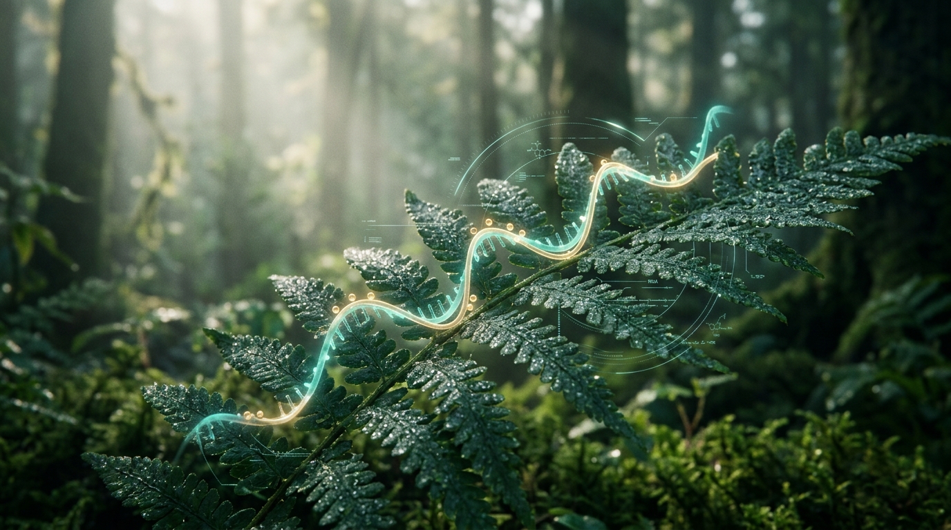 A glowing RNA ribbon winding through a dew-covered fern frond in a misty forest, with golden spheres along it and faint holographic data lines